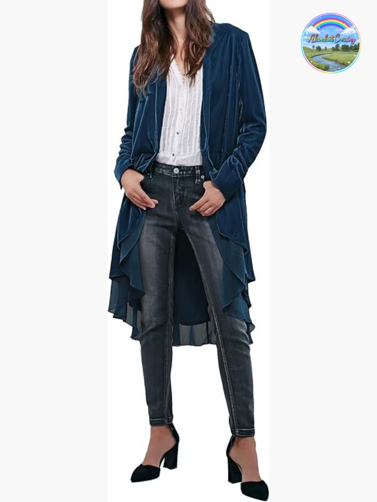 Womens Long Velvet Blazers Coat Casual Jacket Open Front Ruffle